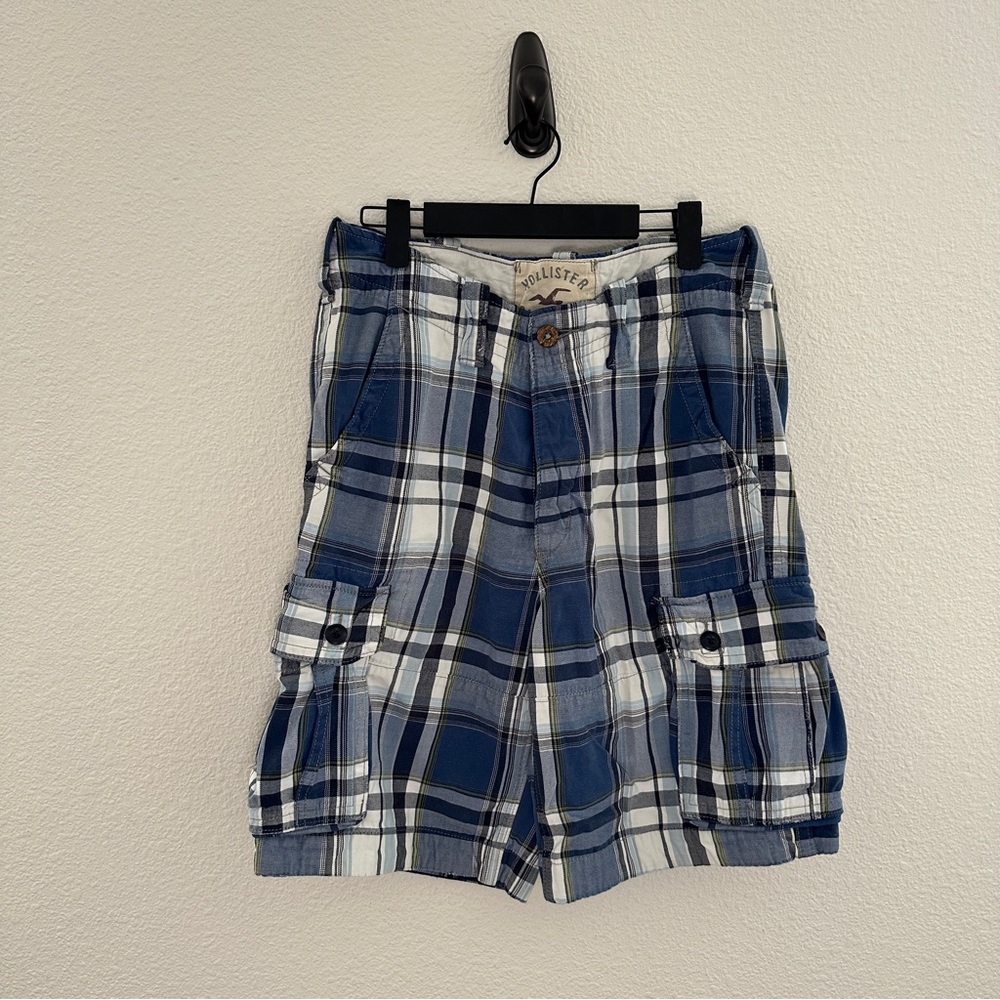 Vintage Hollister Mens 30 Blue plaid Button Fly Cargo Shorts Cotton Casual Y2K